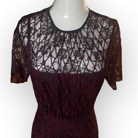 Sandro Paris Burgundy and Black Lace Mini Dress Size 2 - Picture 2 of 11
